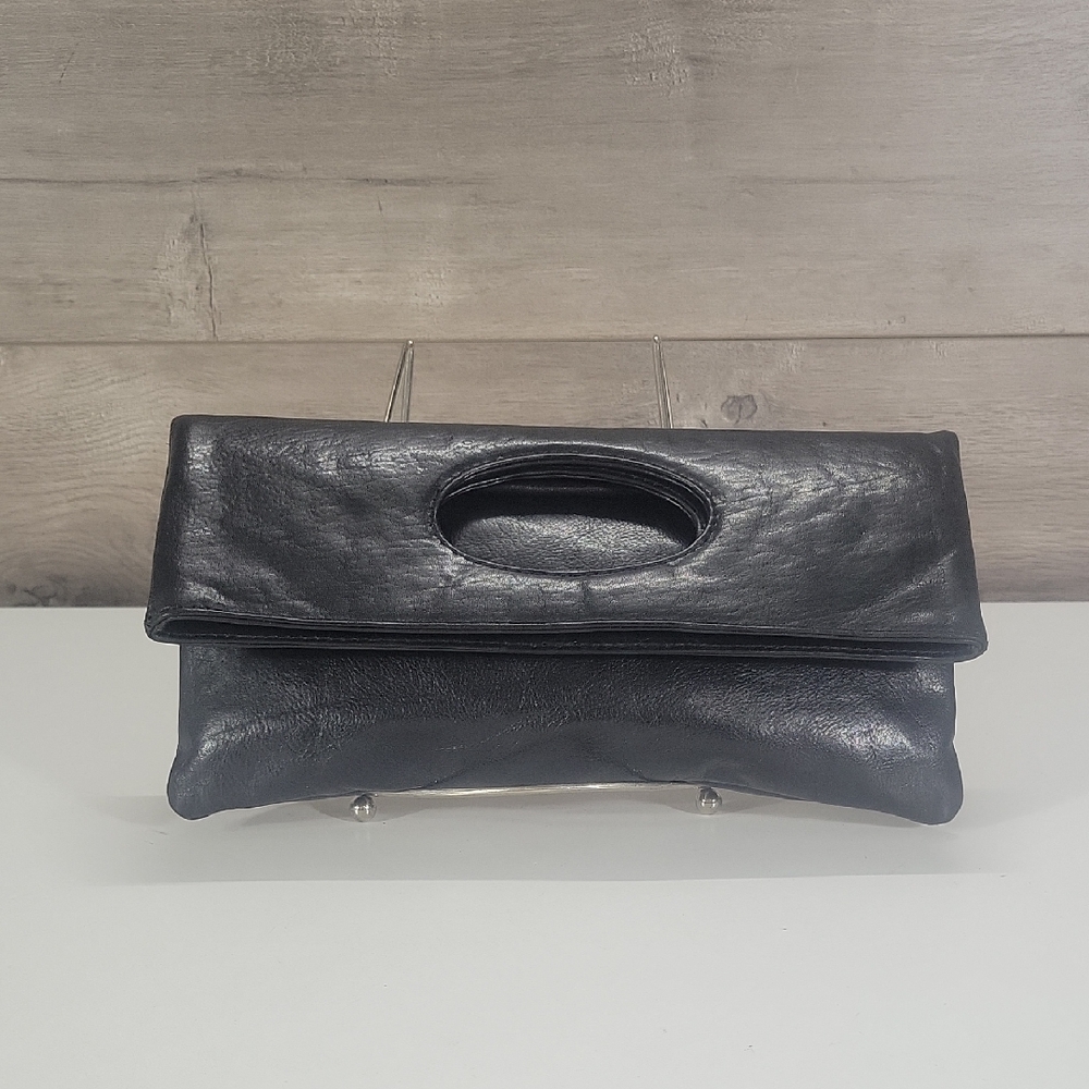 Latico NJ for Anthropologie Black Fold-Over Leather Clutch Handbag